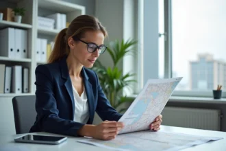 Femme professionnelle examinant une carte de France dans un bureau moderne