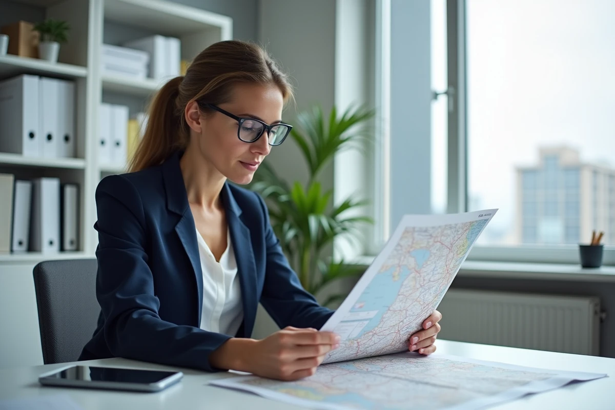 Femme professionnelle examinant une carte de France dans un bureau moderne