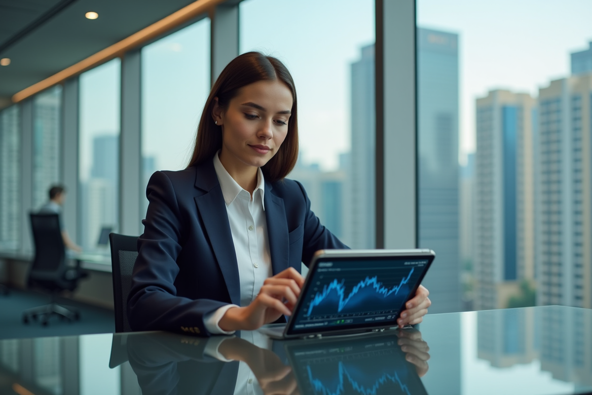 Femme d'affaires en tenue professionnelle utilisant une tablette