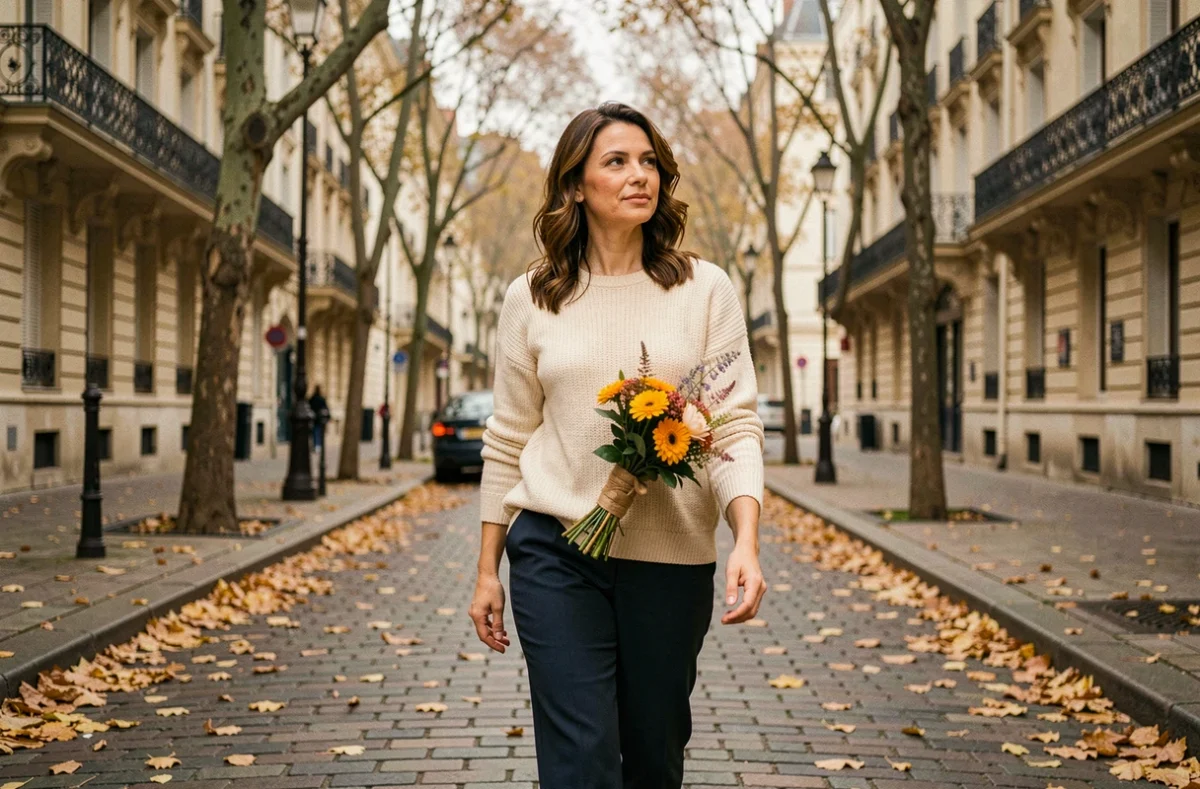 Femme élégante se promenant seule sur un boulevard parisien en automne, évoquant la vie personnelle et l'identité d'une personnalité publique