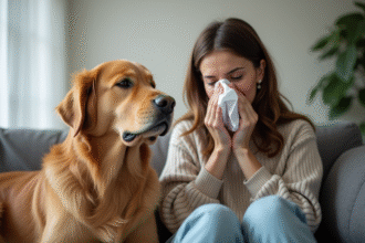 Femme qui éternue avec un mouchoir près d'un chien golden retriever