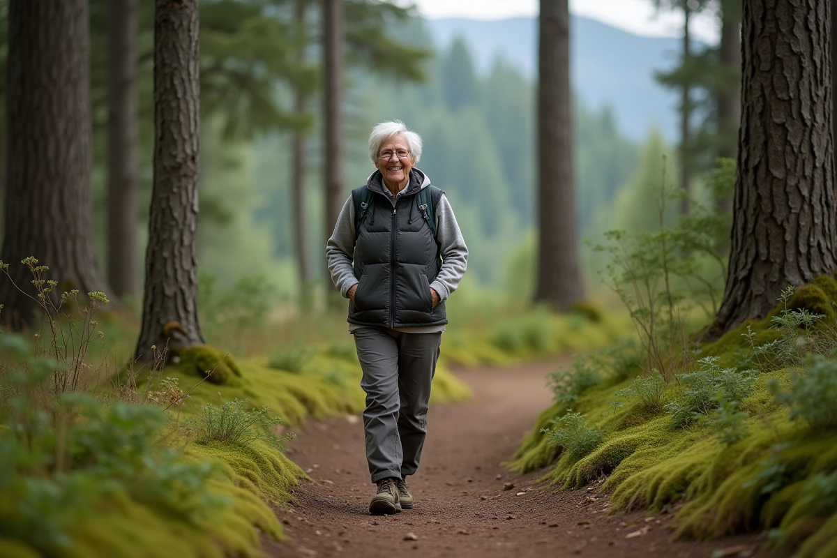 Femme souriante en randonnée dans la forêt avec un sac à dos