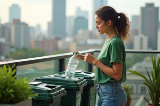 Jeune femme triant des recyclables sur un balcon urbain