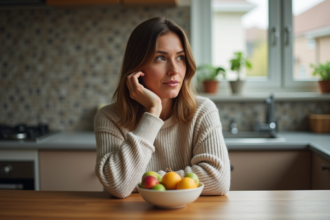 Femme pensant à manger dans une cuisine chaleureuse