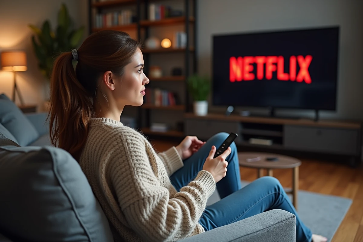 Femme assise regardant la télé avec logo Netflix