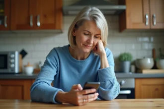 Femme d'âge moyen utilisant son smartphone dans la cuisine