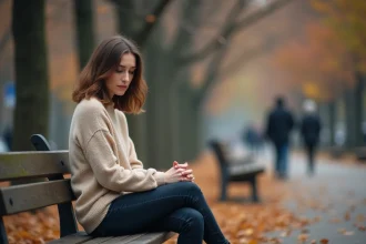 Femme seule et pensive sur un banc de parc en automne, illustrant les émotions liées à l'amour non réciproque et aux besoins affectifs inassouvis