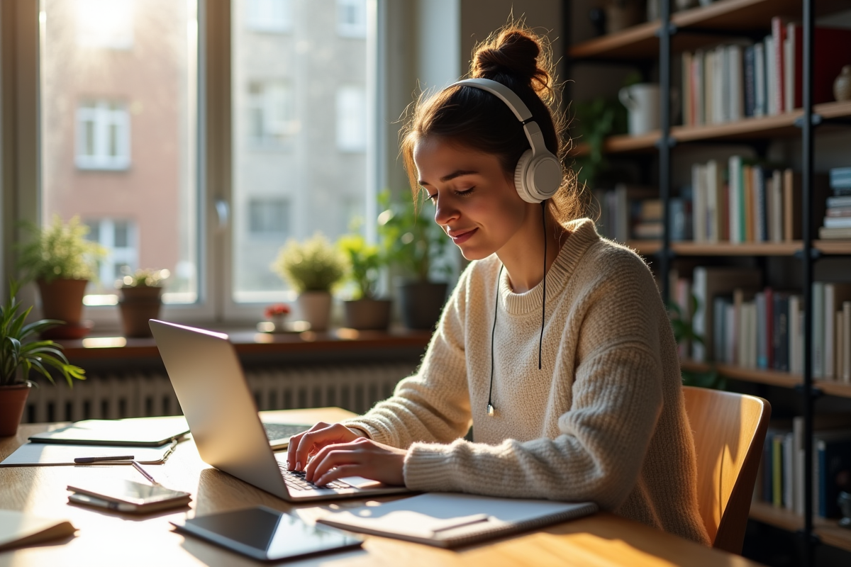 Jeune femme au travail à domicile avec ordinateur et livres