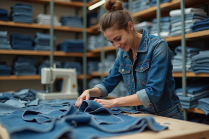 Femme triant des tissus en denim dans un atelier moderne