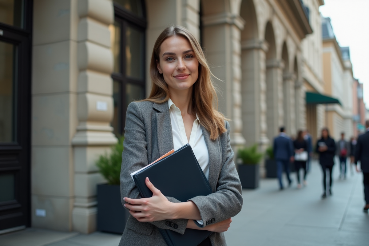 Jeune femme devant un bâtiment administratif fiscal