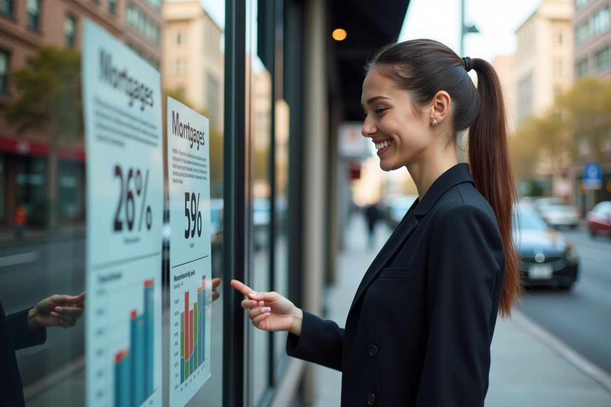 Jeune femme regardant taux hypothécaire en ville