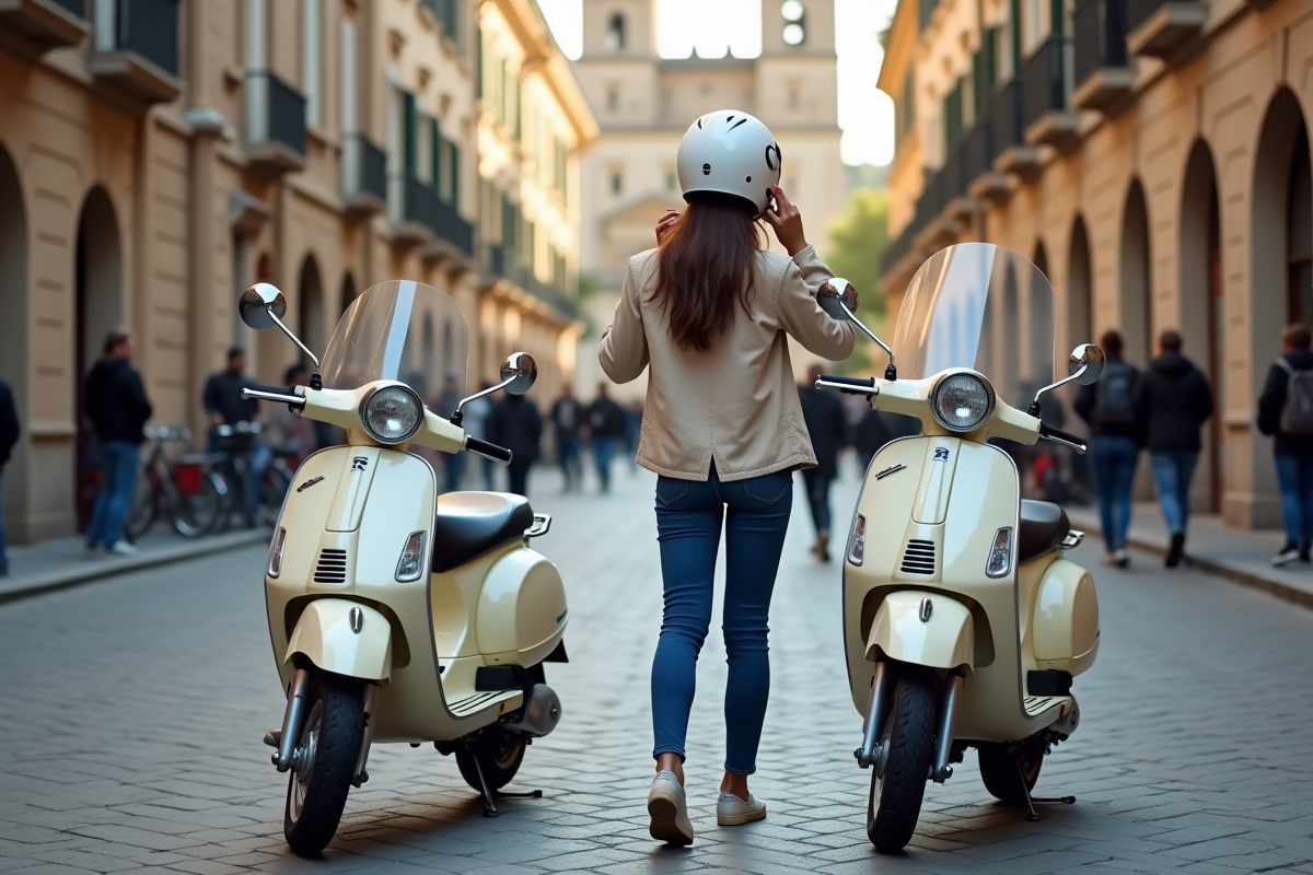 Jeune femme attachant son casque près de scooters en ville