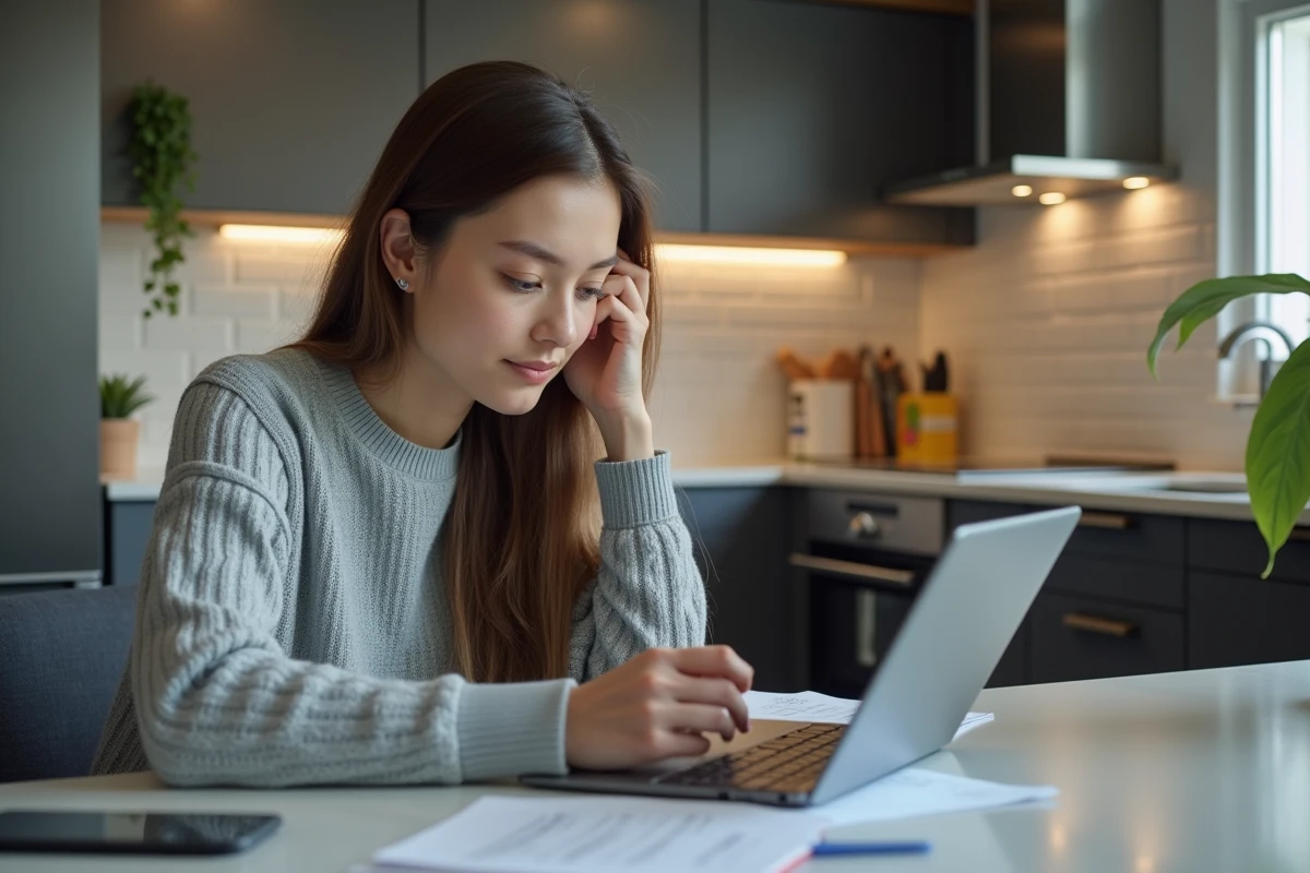 Jeune femme vérifiant résultats magnétiques sur une tablette à la maison
