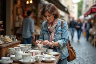 Femme examinant des tasses en porcelaine vintage au vide grenier