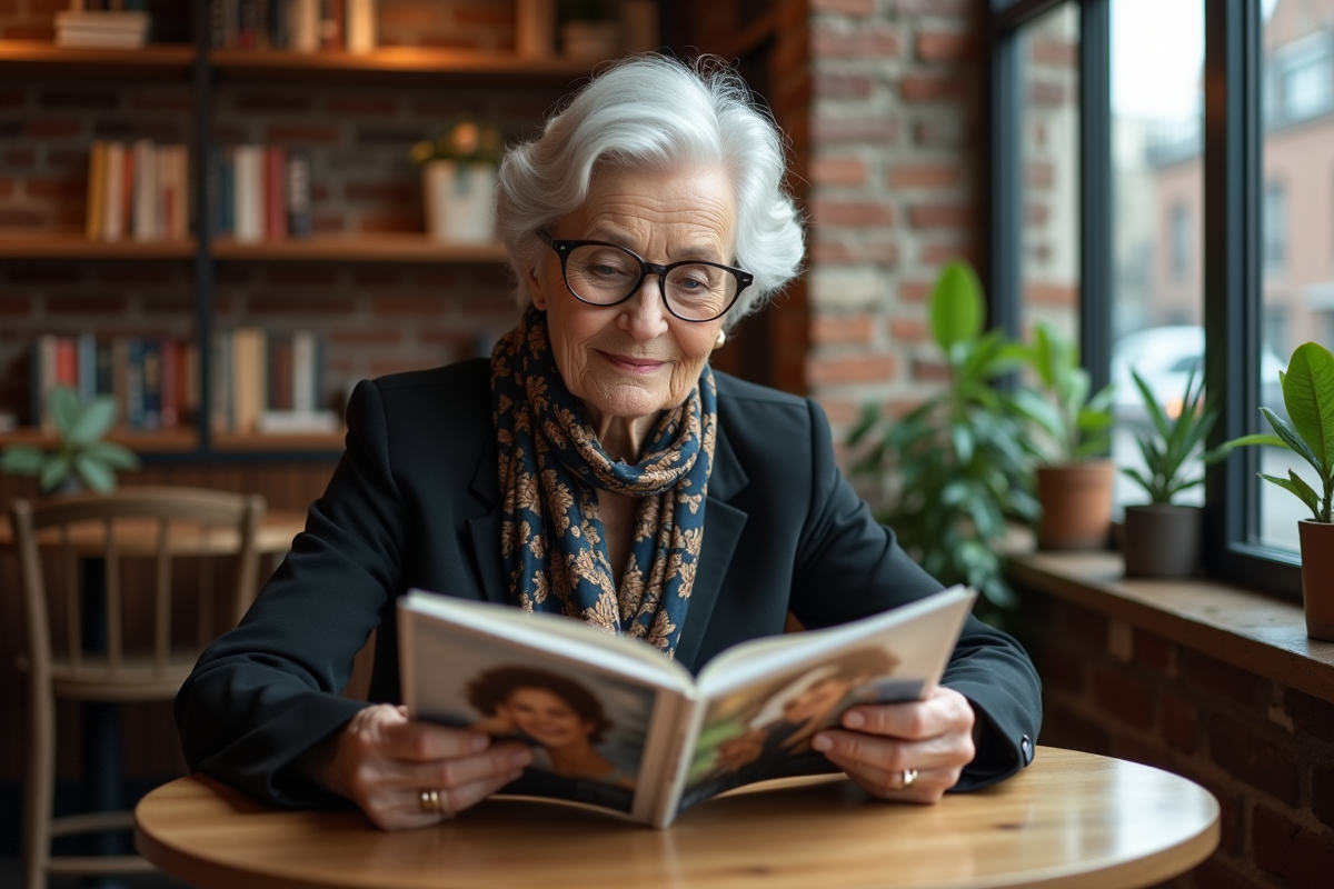 Femme âgée lisant un magazine de mode dans un café