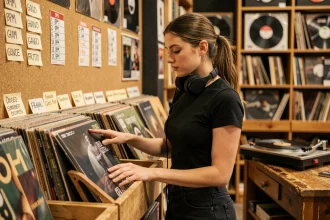 Jeune femme explorant des vinyles techno dans un magasin de disques, écouteurs autour du cou, entourée de fiches de classification par BPM