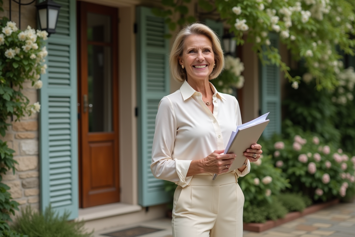 Femme élégante souriante devant une maison de campagne avec fleurs et volets