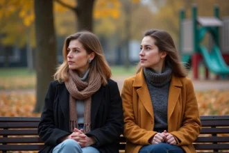 Deux femmes assises sur un banc dans un parc en automne