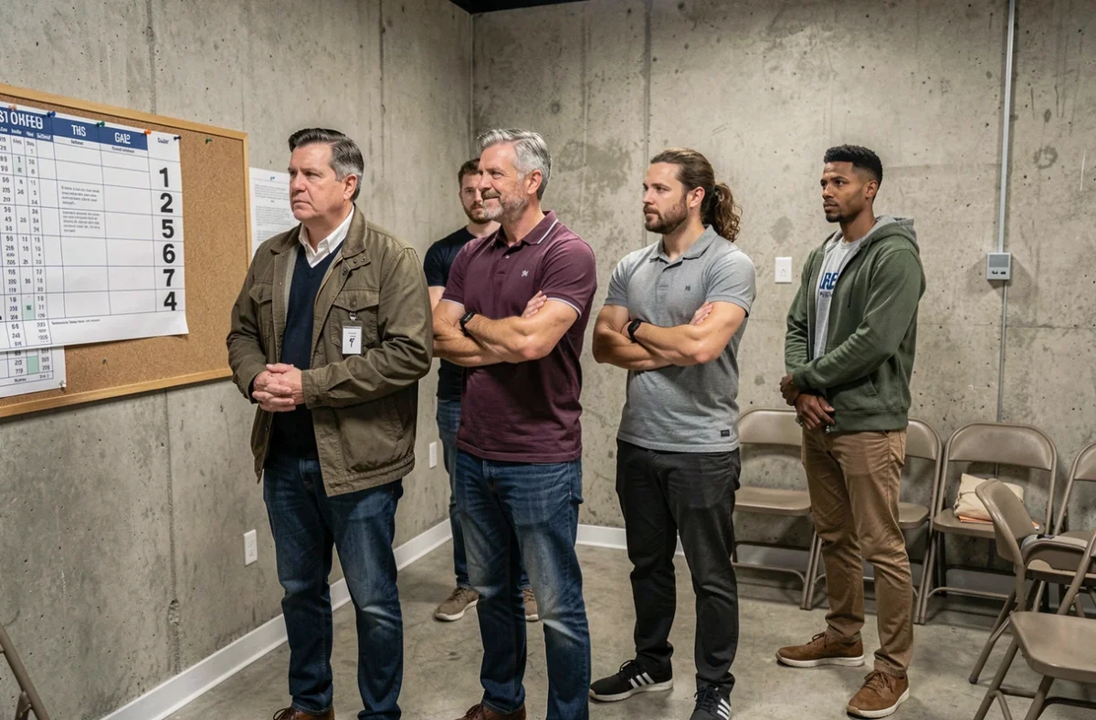 Groupe de figurants adultes attendant leur tour lors d'un vrai casting professionnel dans une salle d'attente de production
