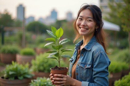 Femme souriante tenant un jeune arbre dans un jardin communautaire