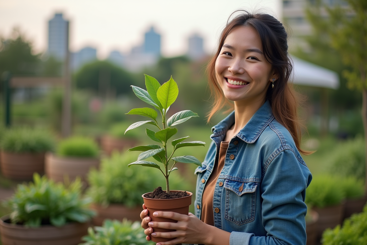 Femme souriante tenant un jeune arbre dans un jardin communautaire
