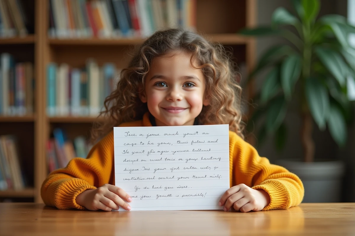 Jeune fille montrant son poème écrit à la main