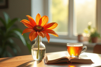 Vase avec fleur Ushaped sur table en bois ensoleillee