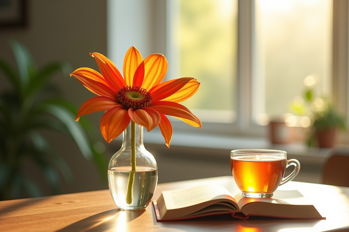 Vase avec fleur Ushaped sur table en bois ensoleillee