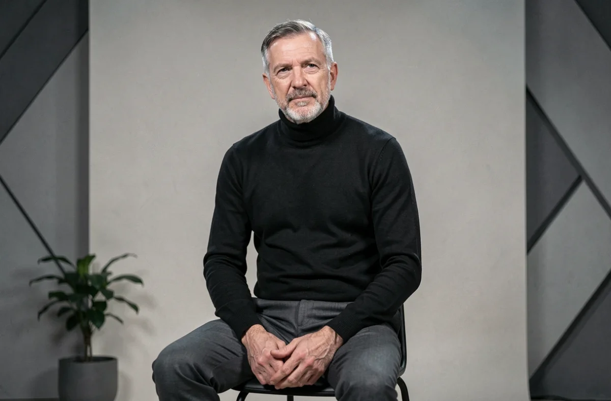 Chanteur français mature et élancé assis sur un tabouret dans un décor de plateau télé minimaliste, mettant en valeur sa silhouette et son âge