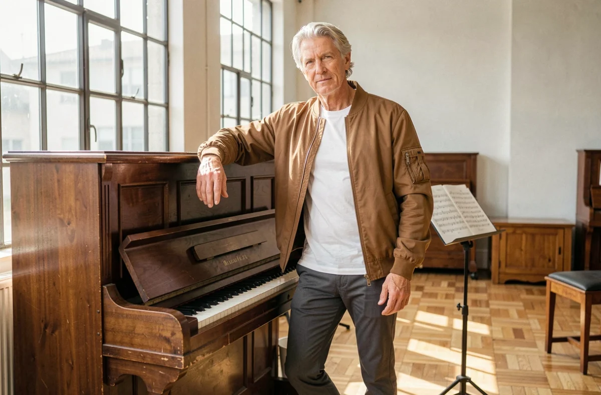 Homme grand aux cheveux argentés appuyé sur un piano dans un studio de répétition, illustrant la stature et l'âge de Florent Pagny