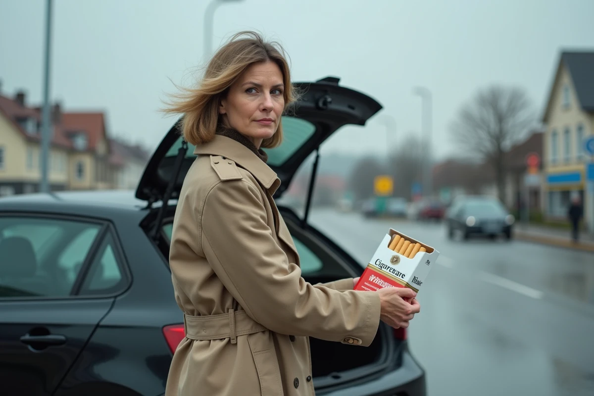 Une frontalière charge un carton de cigarettes Winston dans son coffre de voiture près d'un passage frontalier allemand