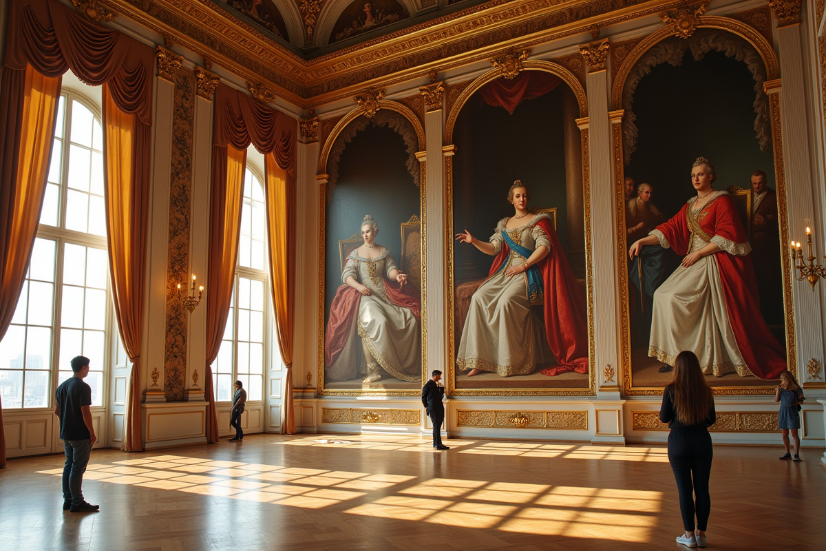 Galerie opulente avec portraits de rois français dans un palais