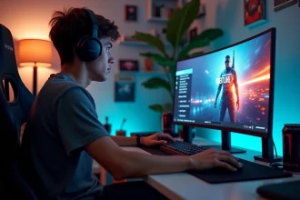 Jeune homme gamer avec casque et tee-shirt regardant l'écran Battlefield 6