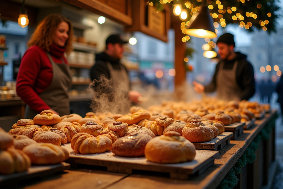 Vente de pâtisseries artisanales dans un marché de Noël européen
