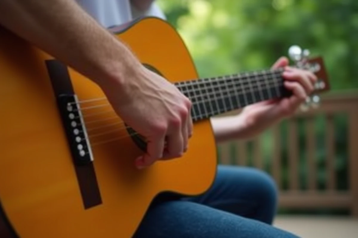 Gros plan sur les doigts d'un guitariste formant un accord complexe sur une guitare classique en bois