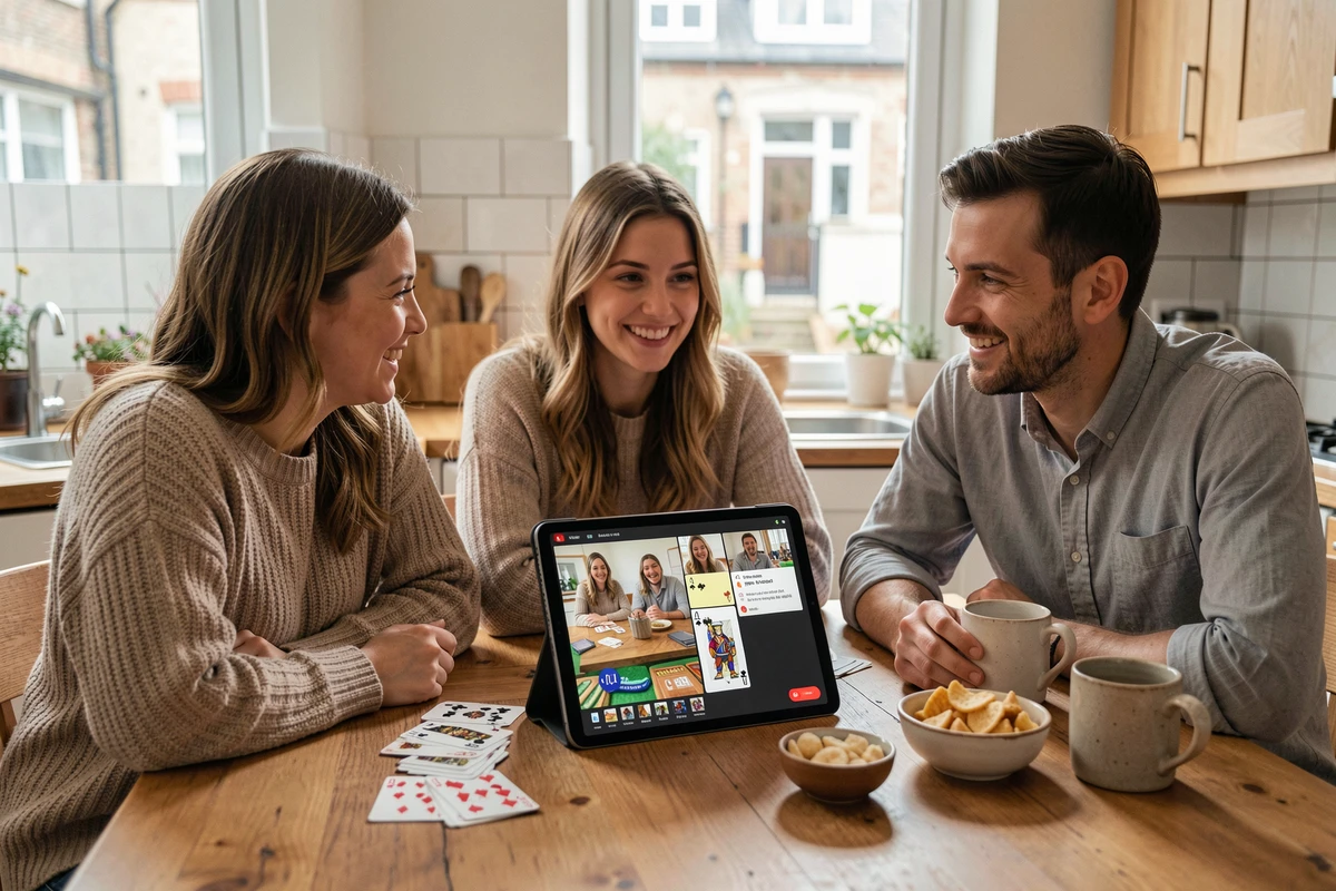 Groupe d'amis jouant à la coinche en ligne ensemble autour d'une table de cuisine avec une tablette affichant une partie de cartes et un appel vidéo
