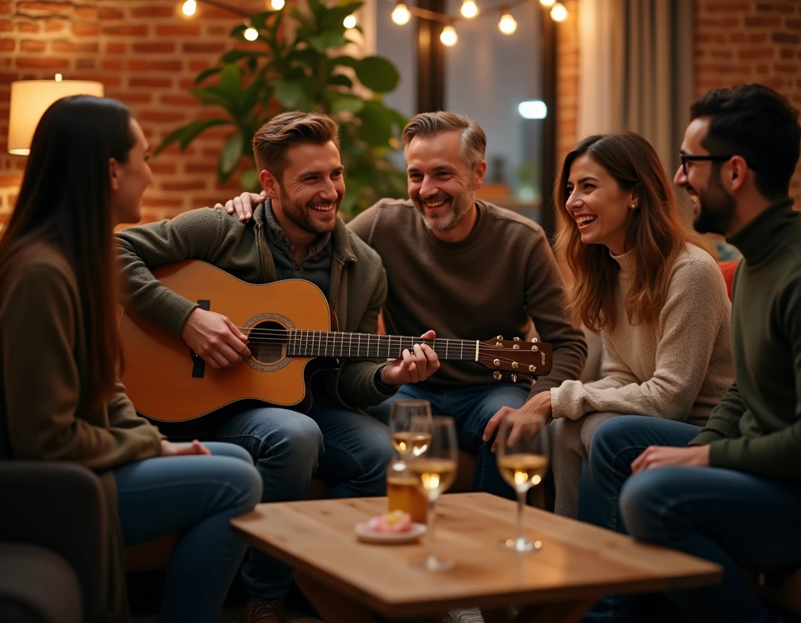 Groupe d'amis chantant ensemble autour d'un guitariste lors d'une soirée conviviale à l'appartement