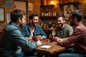 Groupe d'amis jouant au 421 avec des dés et un cornet en cuir autour d'une table de bistrot en bois dans un bar français