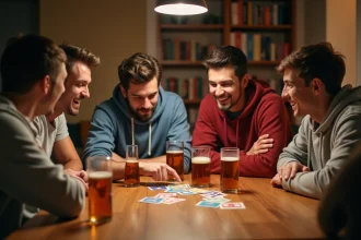 Groupe d'amis jouant aux cartes autour d'une table en bois lors d'une soirée jeu animée