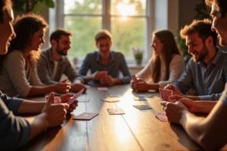 Groupe d'amis jouant aux cartes autour d'une table ensoleillée