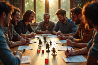 Groupe d'amis jouant à un jeu de société autour d'une table en journée
