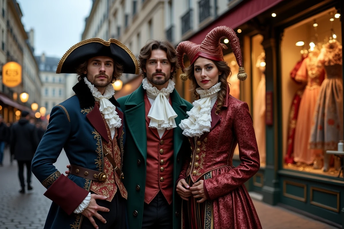 Groupe d'adultes déguisés en mousquetaire, aristocrate victorien et bouffon devant la boutique Au Clown de la République à Paris