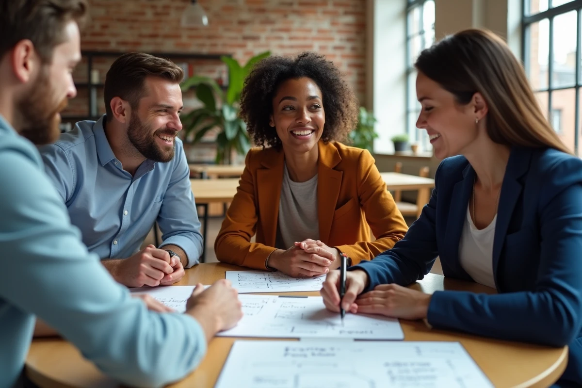 Groupe de débutants adultes collaborant autour d'une table dans un espace atelier pour comprendre ensemble un nouveau sujet avant de se lancer