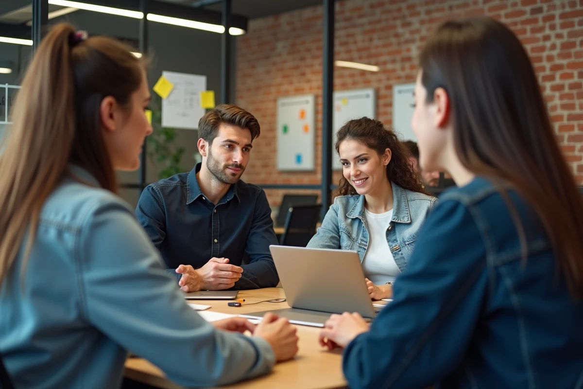 Groupe de jeunes professionnels en réunion dans un bureau moderne
