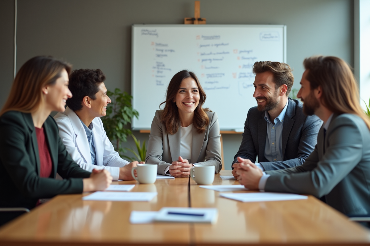 Groupe de travailleurs sociaux en réunion dans un bureau moderne