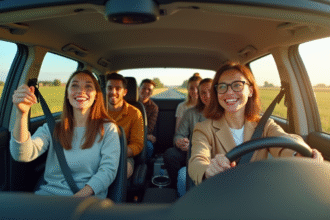 Groupe de personnes souriantes dans une voiture moderne en campagne
