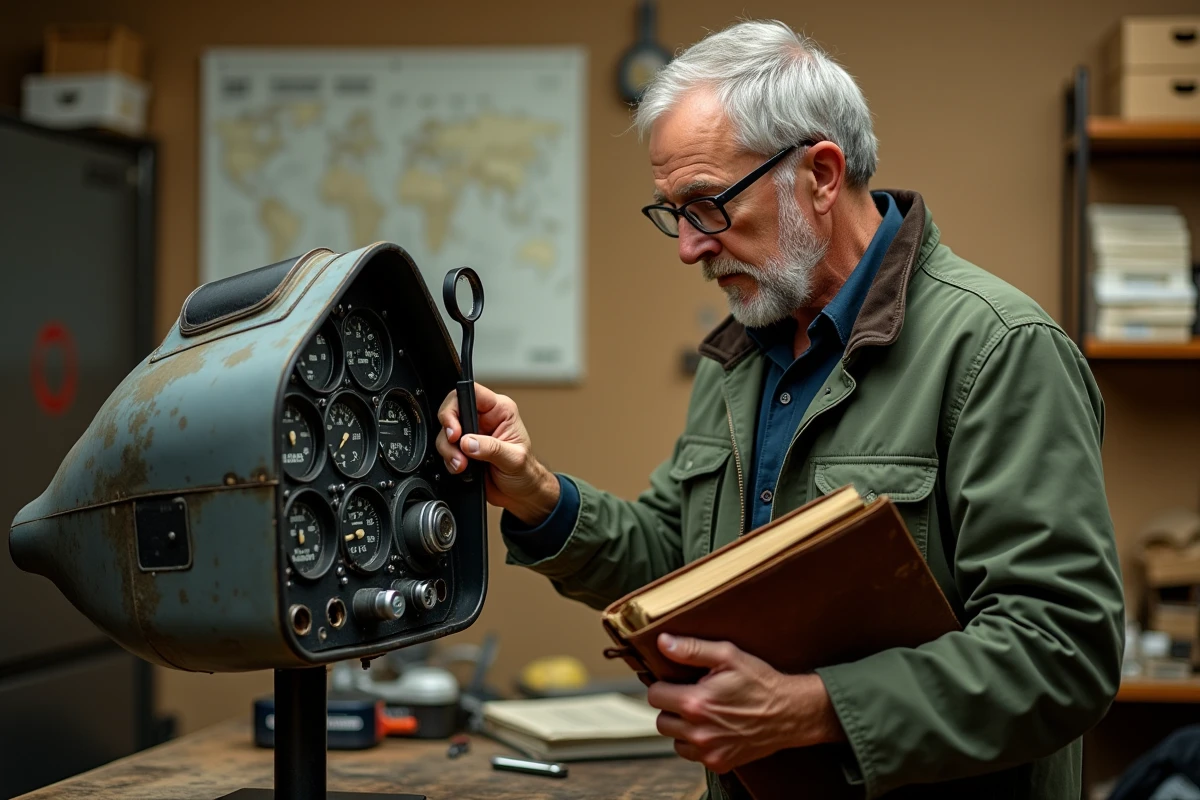 Historien de l'aviation examinant un panneau d'instruments rare de cockpit du Phantom F-4 dans un atelier de collection spécialisé