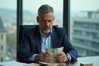 Homme d'affaires en costume regardant des billets euros et dollars