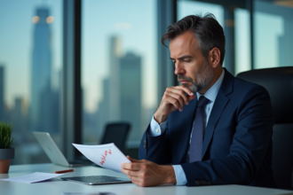 Homme en costume navy analysant un graphique en bureau