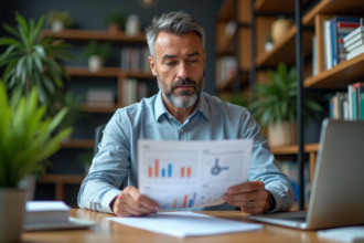 Homme d'affaires concentré devant rapport de productivite